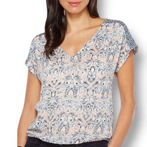 Lucky Brand XS Boho Blouse Pink‎ Blue Mixed Floral Viscose V-Neck Back Pleat Top